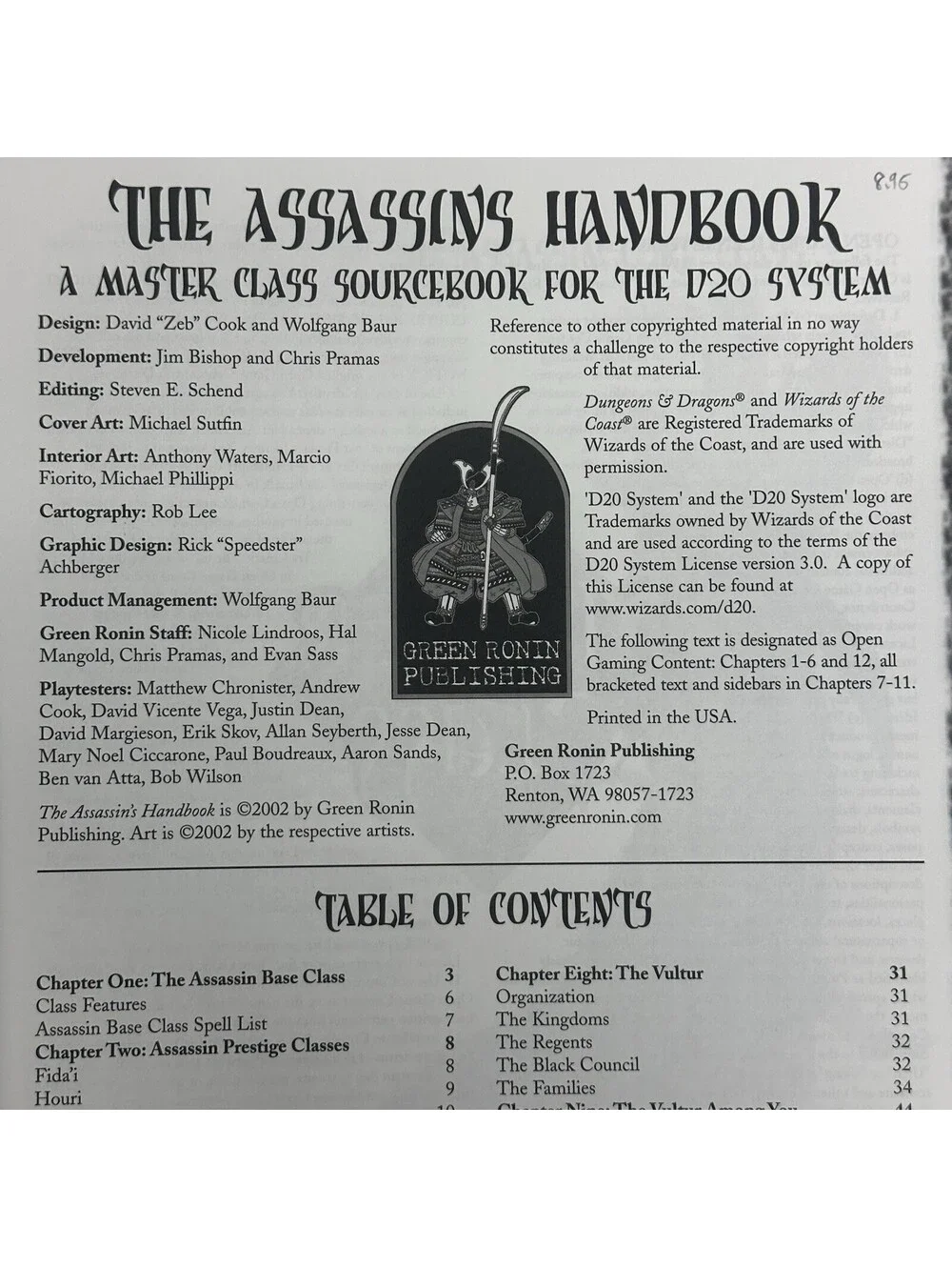 The Assassin's Handbook, d20 D&D, Green Ronin, VGC
